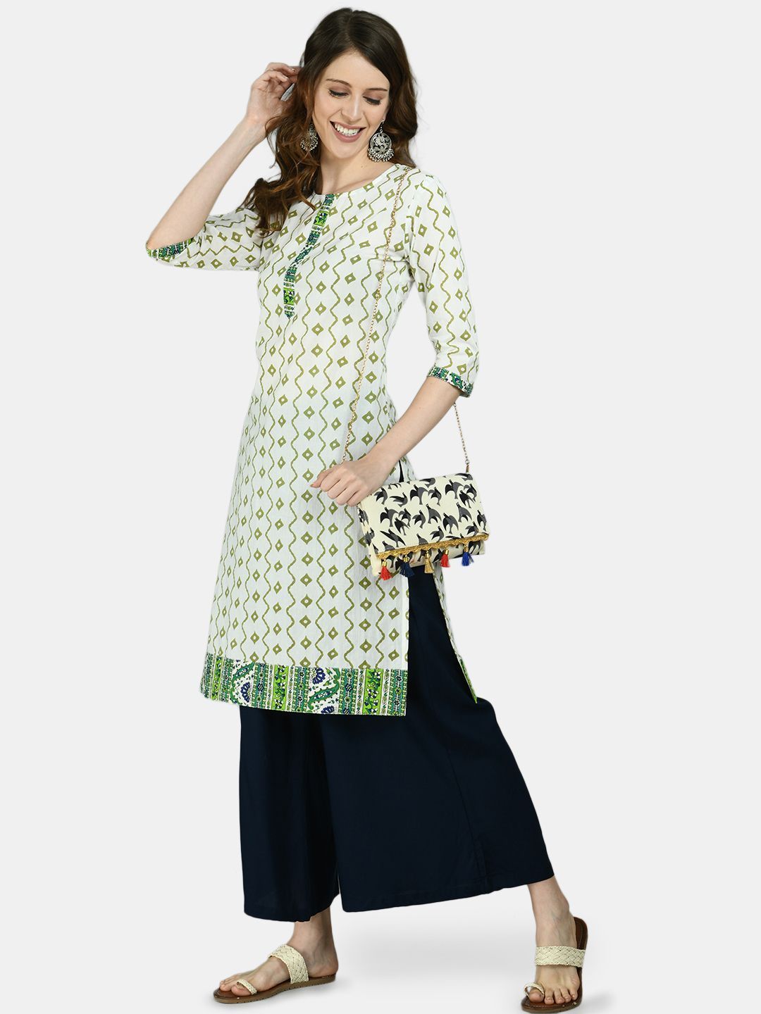 Women's Multicolor Cotton Printed 3/4 Sleeve Round Neck Casual kurta