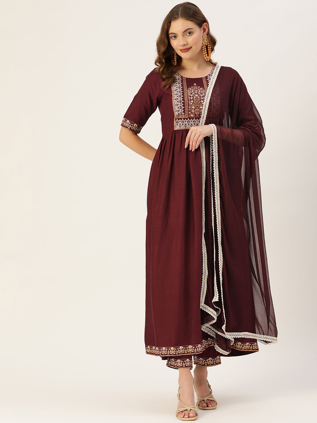 Women's Wine Rayon Panelled Printed A-Line Kurta Trouser Set With Dupatta