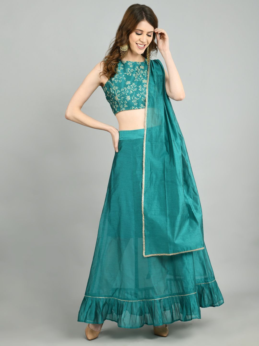 Women's Green Chanderi Printed Sleeveless Round Neck Casual Blouse Lehenga Dupatta Set