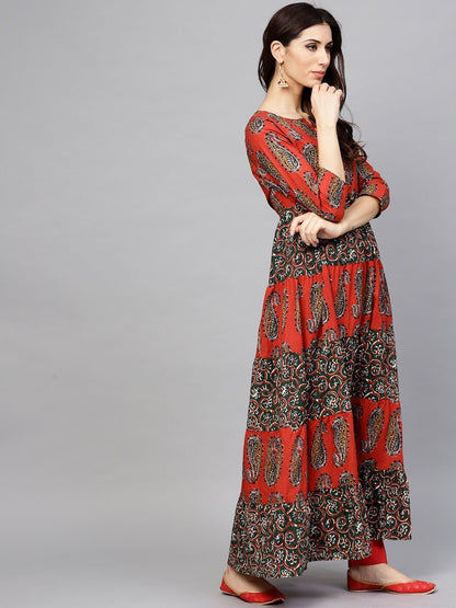Women's  Rust Orange & Green Printed Tiered Anarkali Kurta