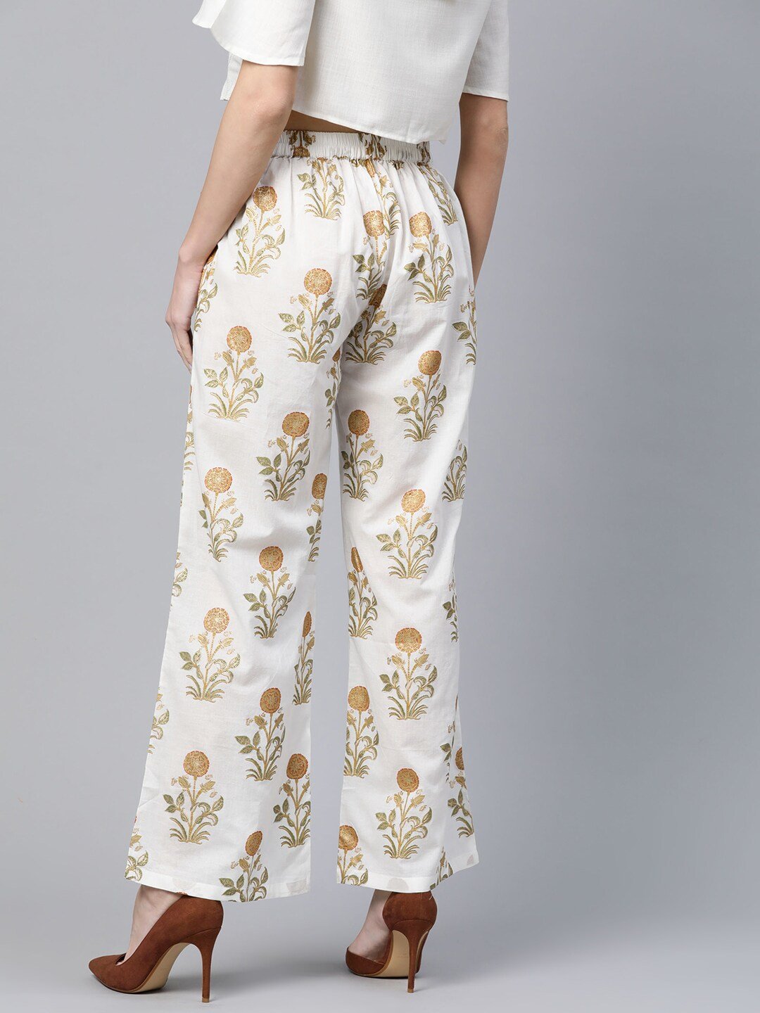 Women's  Off-White & Golden Printed Straight Palazzos