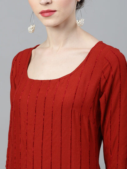 Women's  Red & Black Striped Straight Kurta