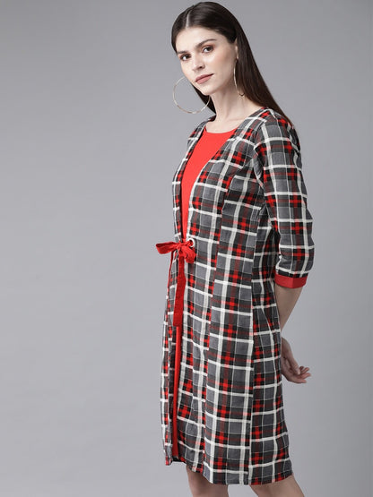 Women's  Grey & Red Checked Layered A-Line Dress