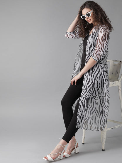 Women's  White & Black Animal Printed Open Front Shrug