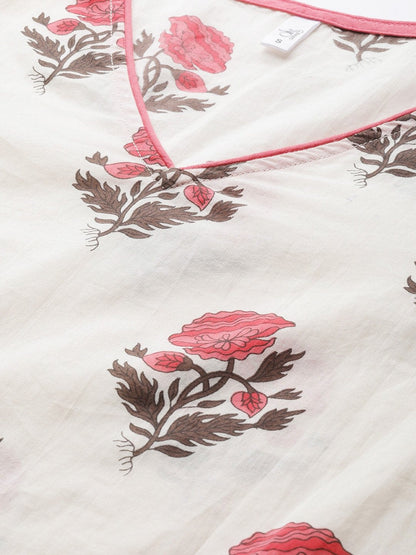 Women's  White & Pink Screen Print Kurta with Skirt