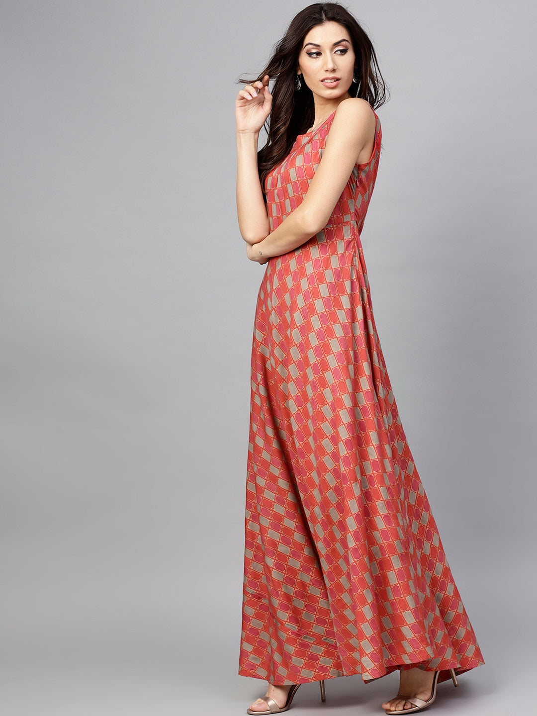 Women's Red Printed Sleeveless Flared Maxi Dress