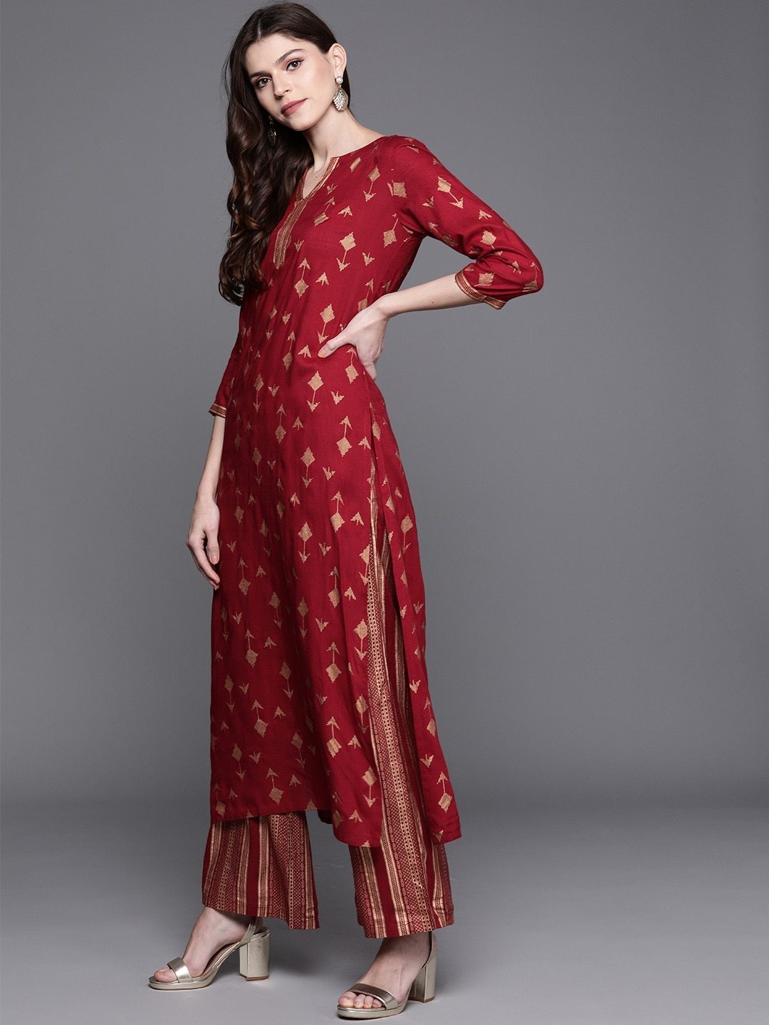 Women's  Maroon & Golden Printed Kurta with Palazzos