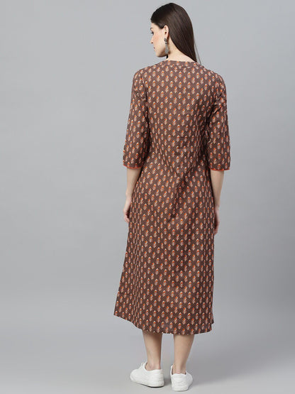 Women's  Brown Printed A-Line Dress