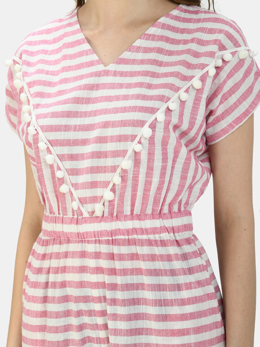Women's Pink Cotton Printed Short Sleeve Round Neck Casual Jumpsuit