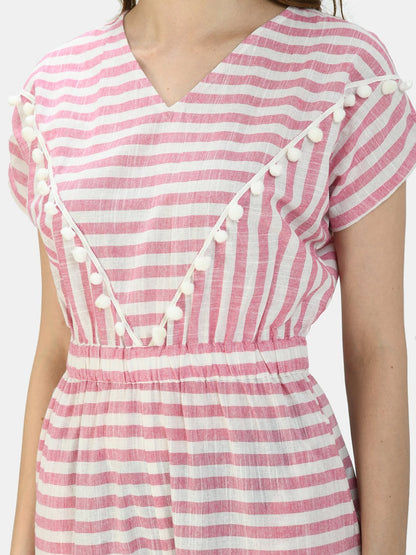 Women's Pink Cotton Printed Short Sleeve Round Neck Casual Jumpsuit