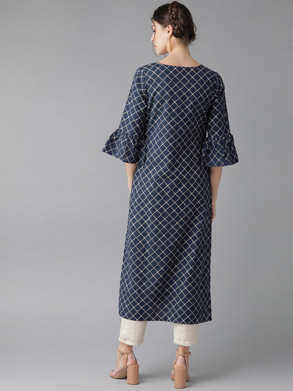 Women's Navy Blue Checked Kurta