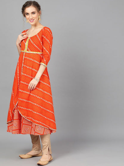 Women's  Orange & White Bandhani Printed A-Line Kurta