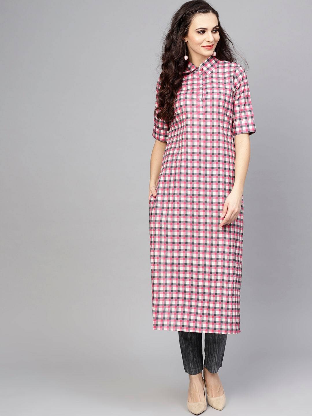 Women's  Pink & Grey Checked Kurta with Trousers