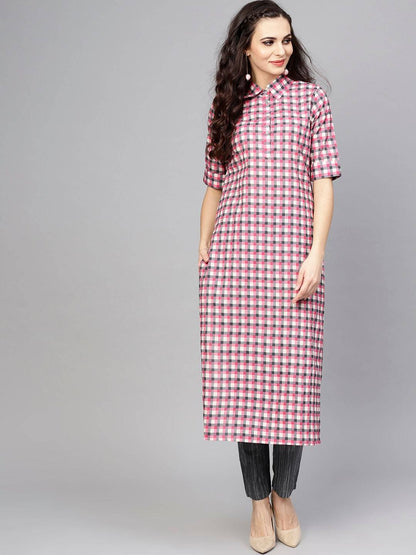 Women's  Pink & Grey Checked Kurta with Trousers