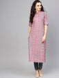 Women's  Pink & Grey Checked Kurta with Trousers