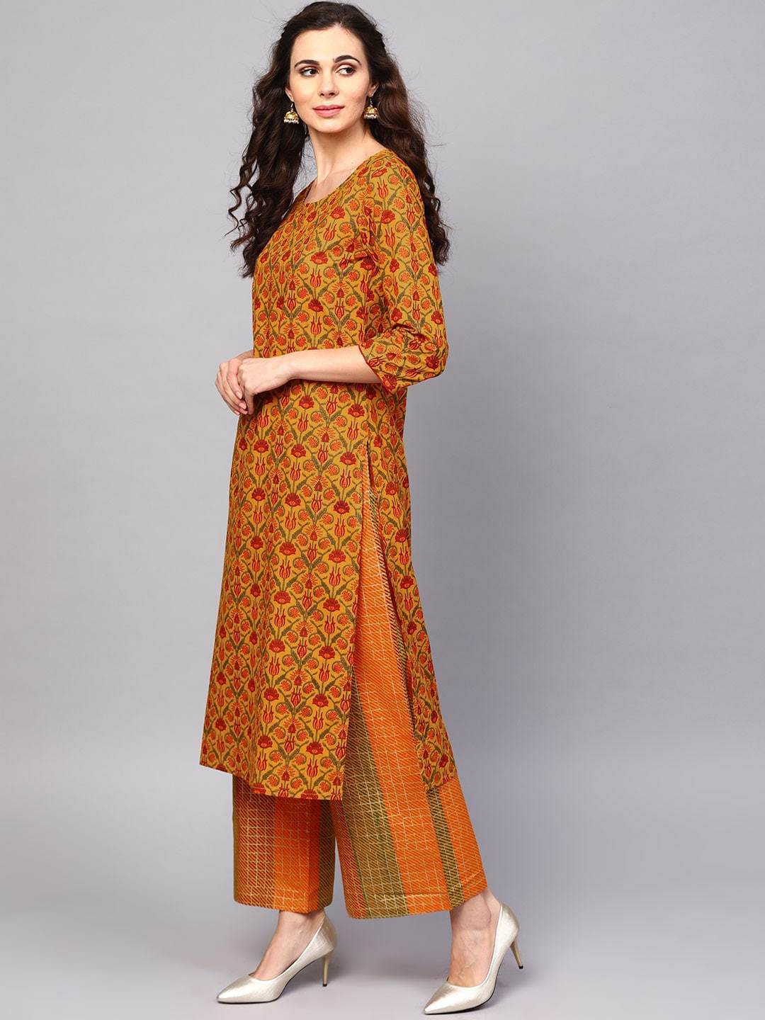 Women's Mustard Khari Print Cotton Kurta With Palazzos & Dupatta