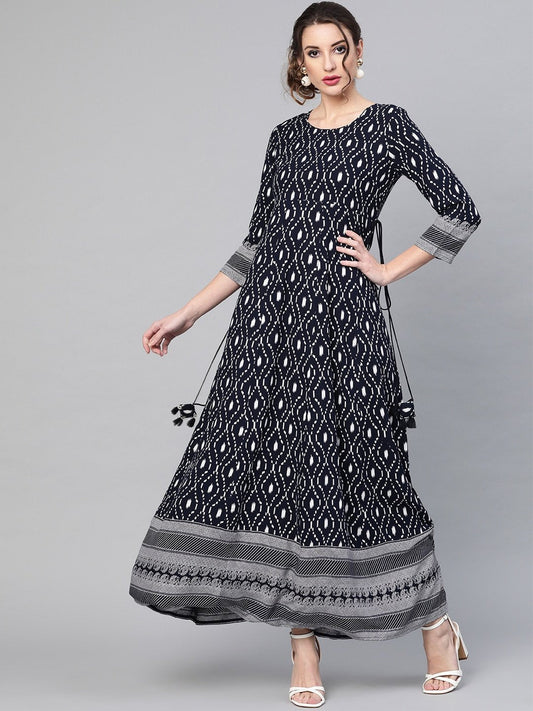 Women's  Navy Blue & White Printed Maxi Dress