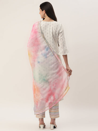 Women's White Cotton Blend Self Design Straight Kurta Trouser Set With Dupatta