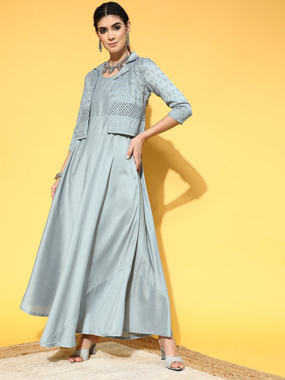 Women's Blue Schiffli Designed Maxi Dress With Jacket