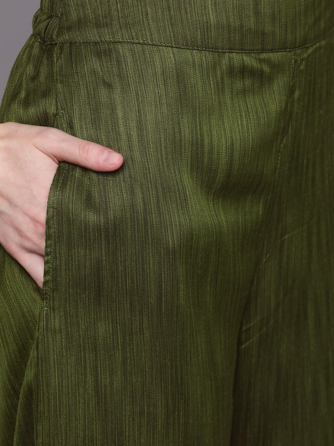 Women's  Olive Green & Golden Self Design Kurta with Palazzos With Belt