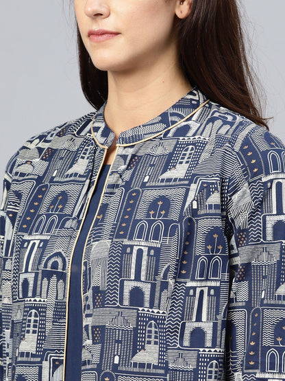 Women's  Navy Blue & Off-White Quirky Khari Print Layered A-Line Kurta