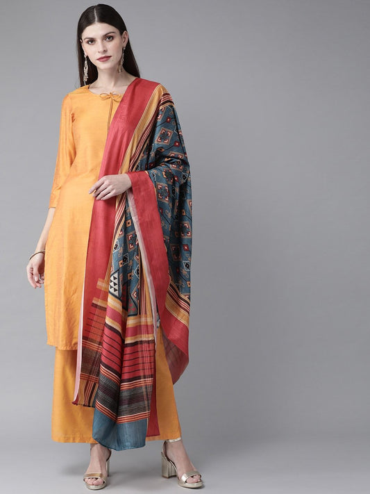Women's  Mustard Yellow & Teal Blue Solid Kurta with Palazzos & Dupatta