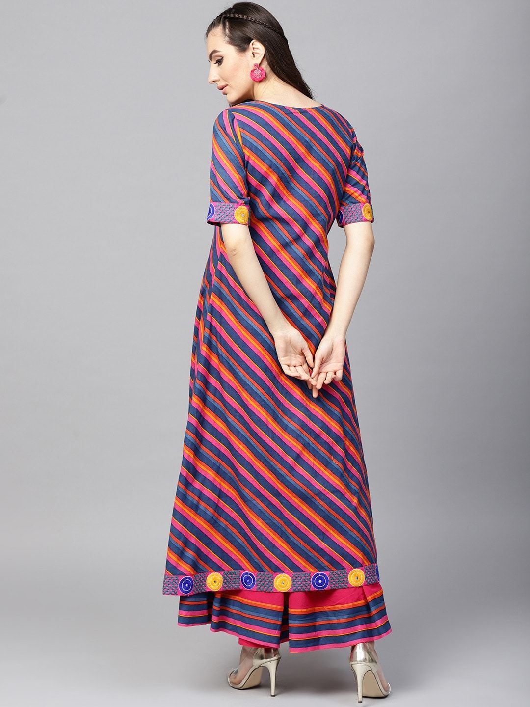 Women's  Blue & Magenta Leheriya Print Layered Anarkali Kurta