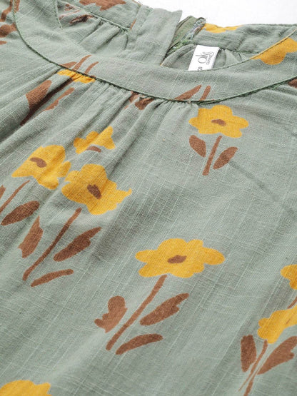 Women's  Green & Mustard Yellow Printed Maxi Dress