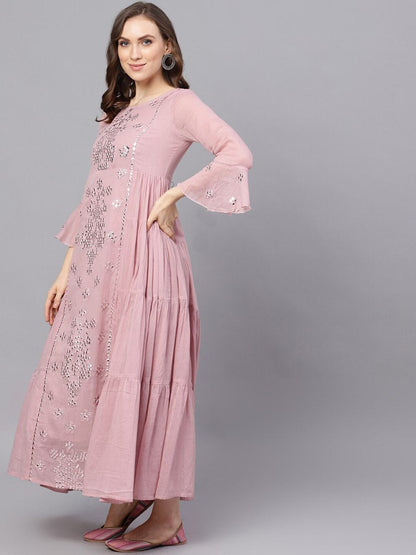 Women's  Mauve Embellished Mirror Work Maxi Dress