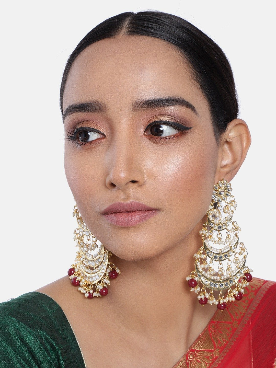 Women's  Gold Plated 3 Layered Marron Beaded Chandbali Earrings With Kundan And Pearl Work