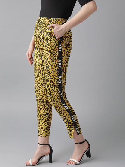 Women's Yellow Animal Print Cigarette Trouser