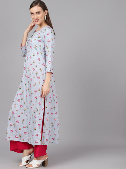 Women's  Blue & Pink Floral Print Straight Kurta