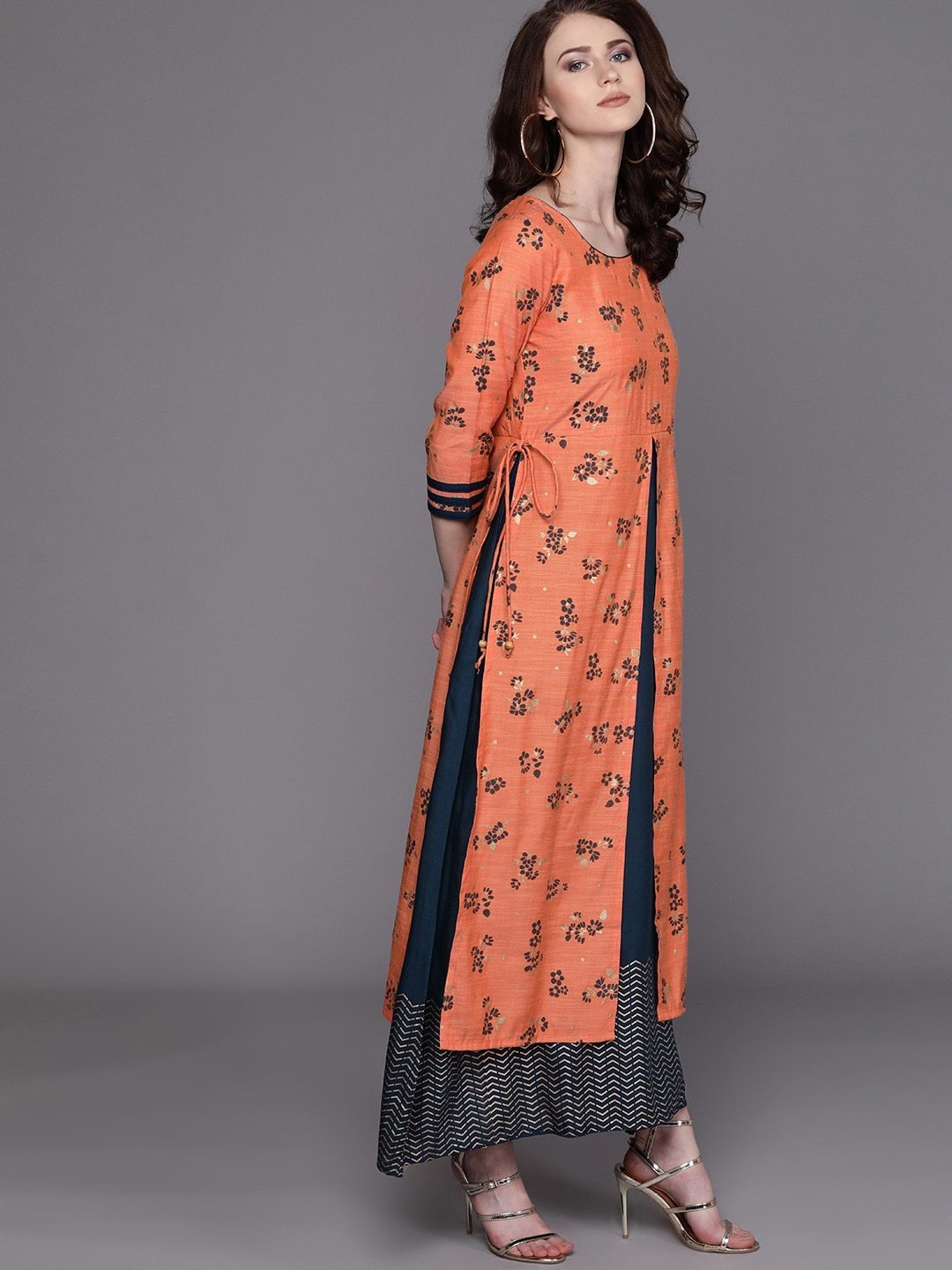 Women's  Orange & Teal Blue Floral Print Layered Maxi Dress