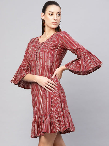Women's  Maroon & Off-White Striped A-Line Dress