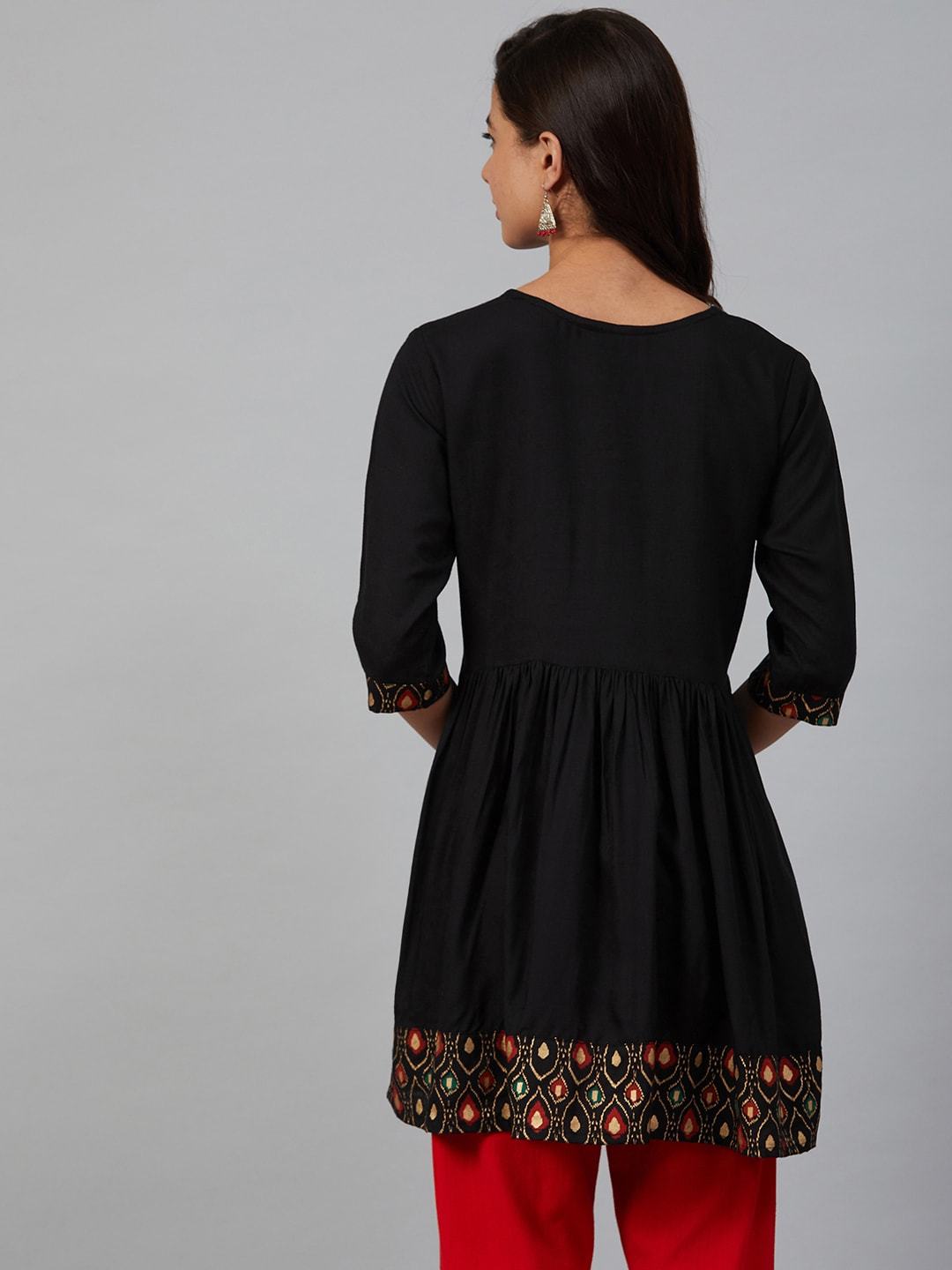 Women's Black & Golden Yoke Design A-Line Kurti