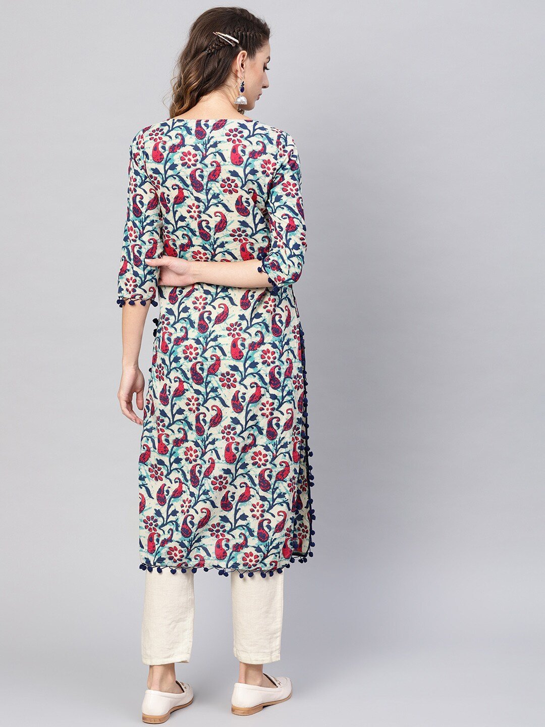 Women's  Grey & Navy Blue Printed Straight Kurta