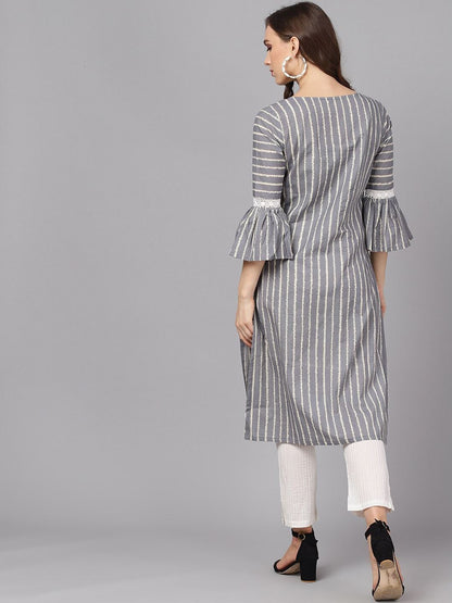Women's  Grey & White Striped Straight Kurta
