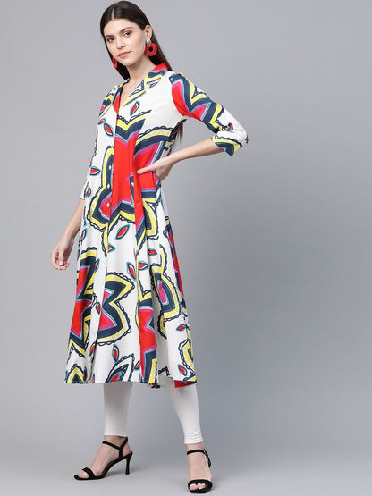 Women's  White & Red Printed A-Line Kurta