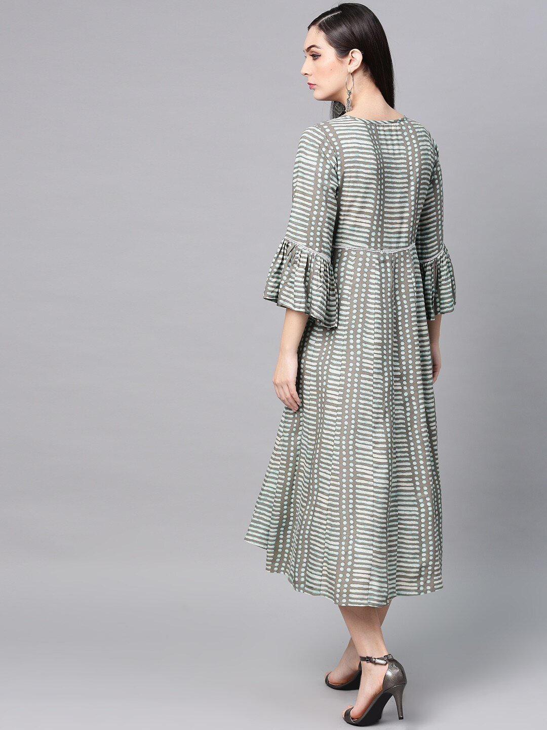 Women's  Grey & Blue Printed Empire Dress
