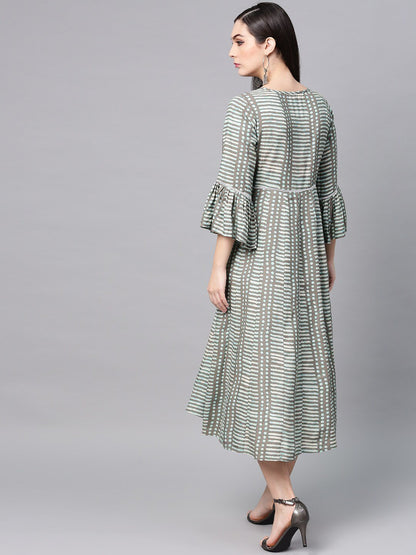 Women's  Grey & Blue Printed Empire Dress