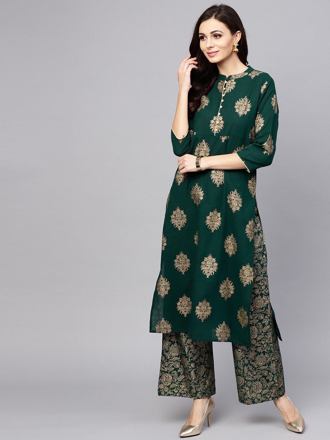 Women's  Green & Golden Printed Kurta with Palazzos