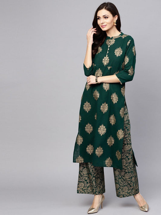 Women's  Green & Golden Printed Kurta with Palazzos