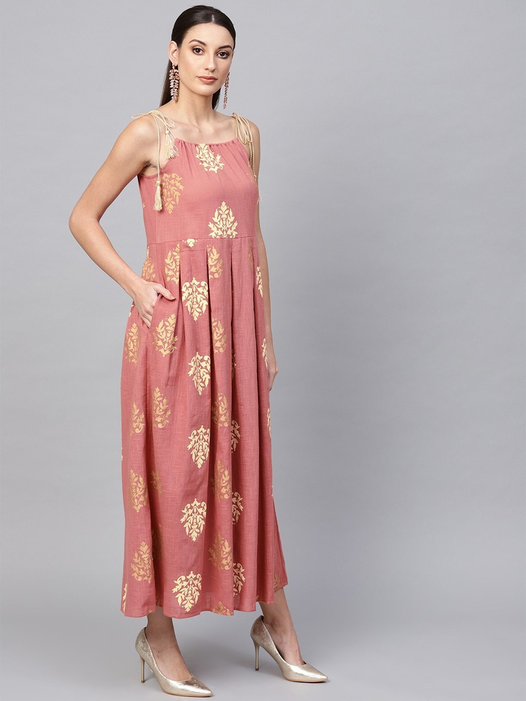 Women's  Pink & Golden Printed Maxi Dress