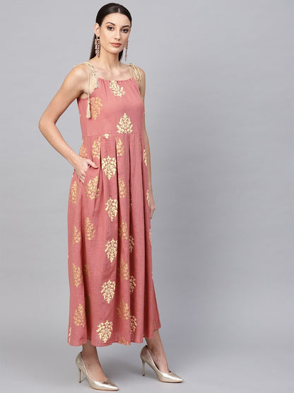 Women's  Pink & Golden Printed Maxi Dress