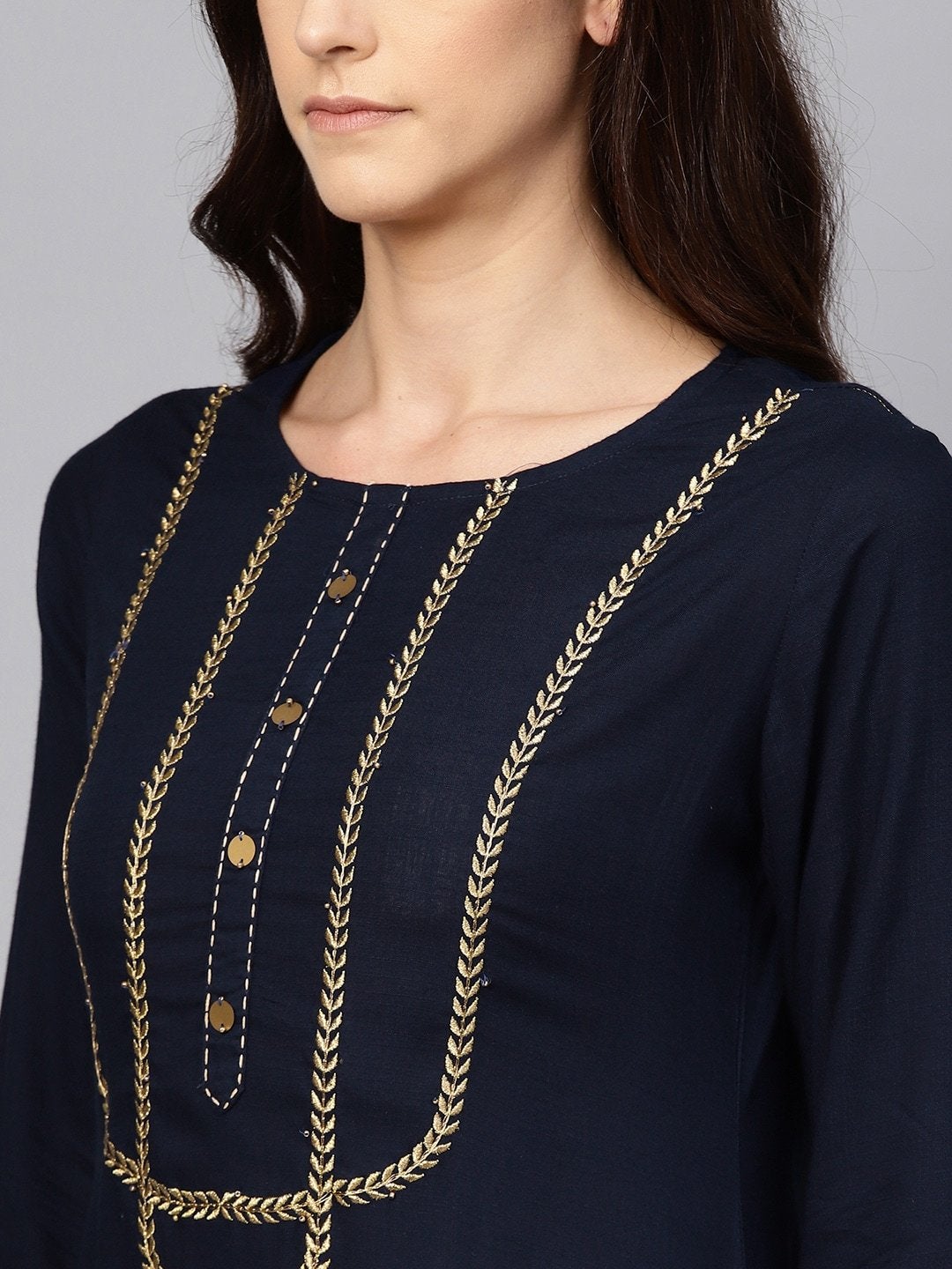 Women's Navy Blue & Golden Yoke Design Straight Kurta