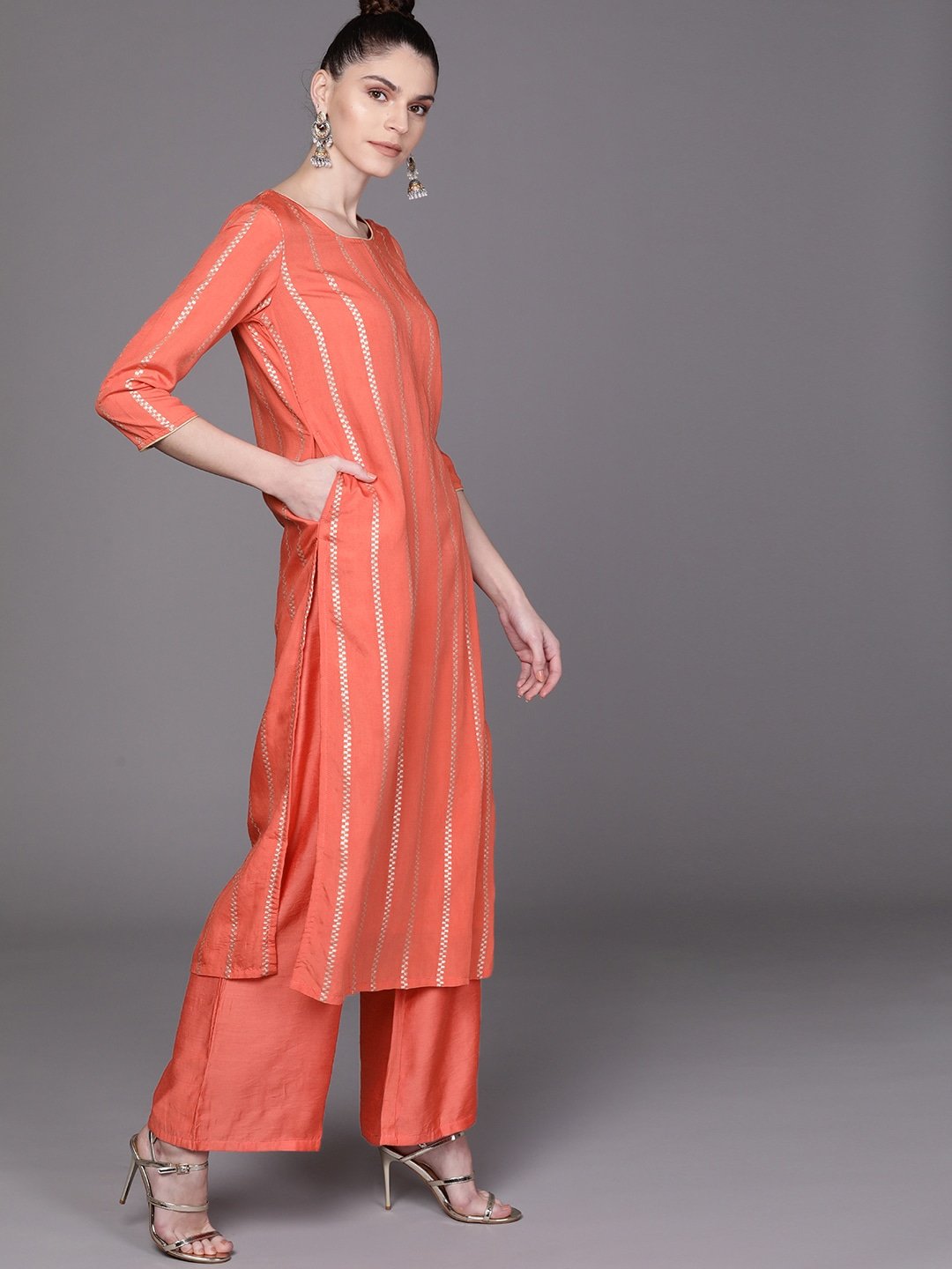 Women's  Coral Orange & Silver Self-Striped Kurta with Palazzos