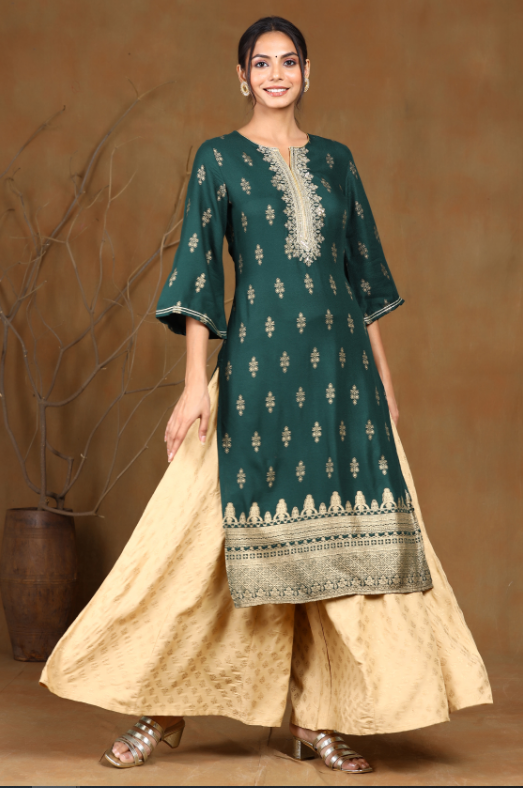 Women's Jadegreen Rayon Moss Printed Straight Kurta