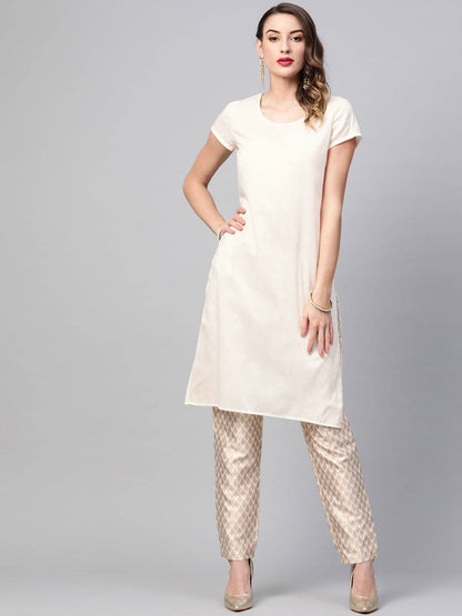 Women's  Off-White & Peach-Coloured Solid Straight Kurta with Ethnic Jacket