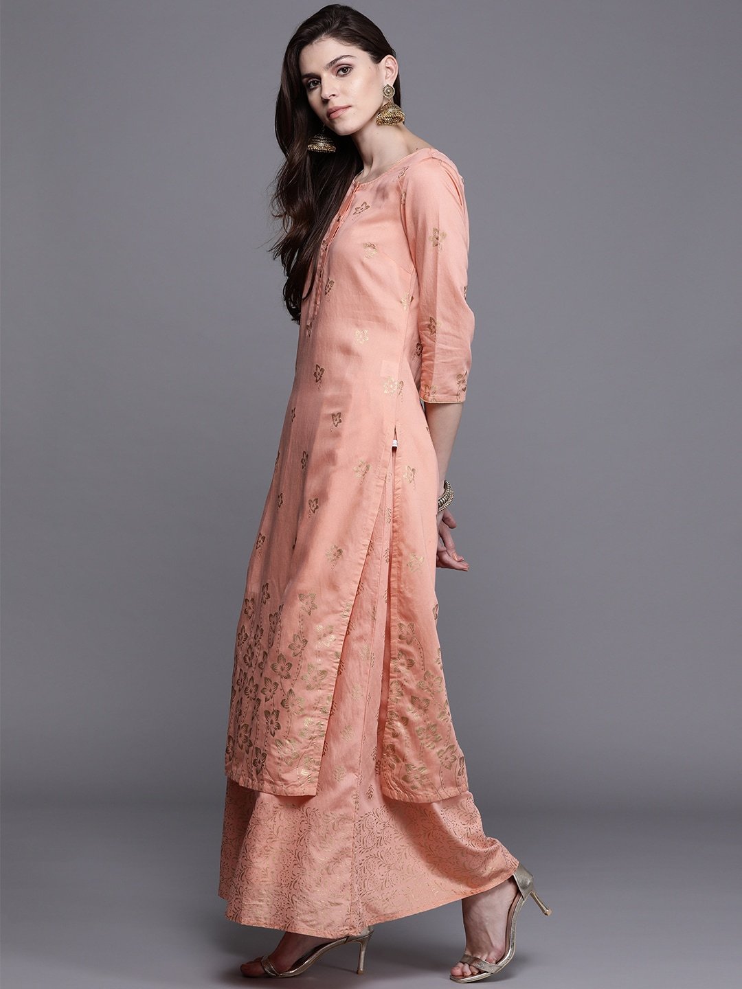 Women's  Peach-Coloured & Golden Printed Kurta with Skirt
