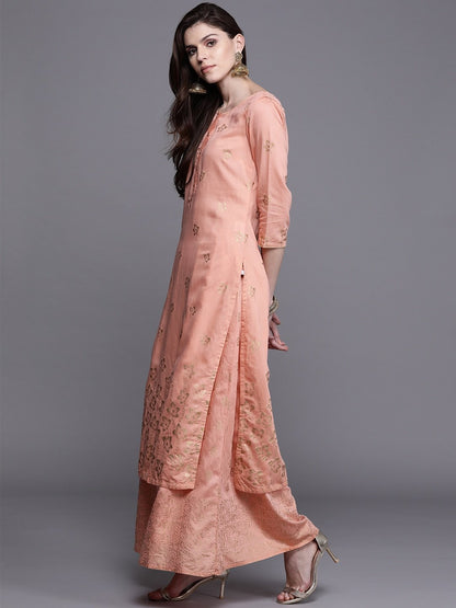 Women's  Peach-Coloured & Golden Printed Kurta with Skirt